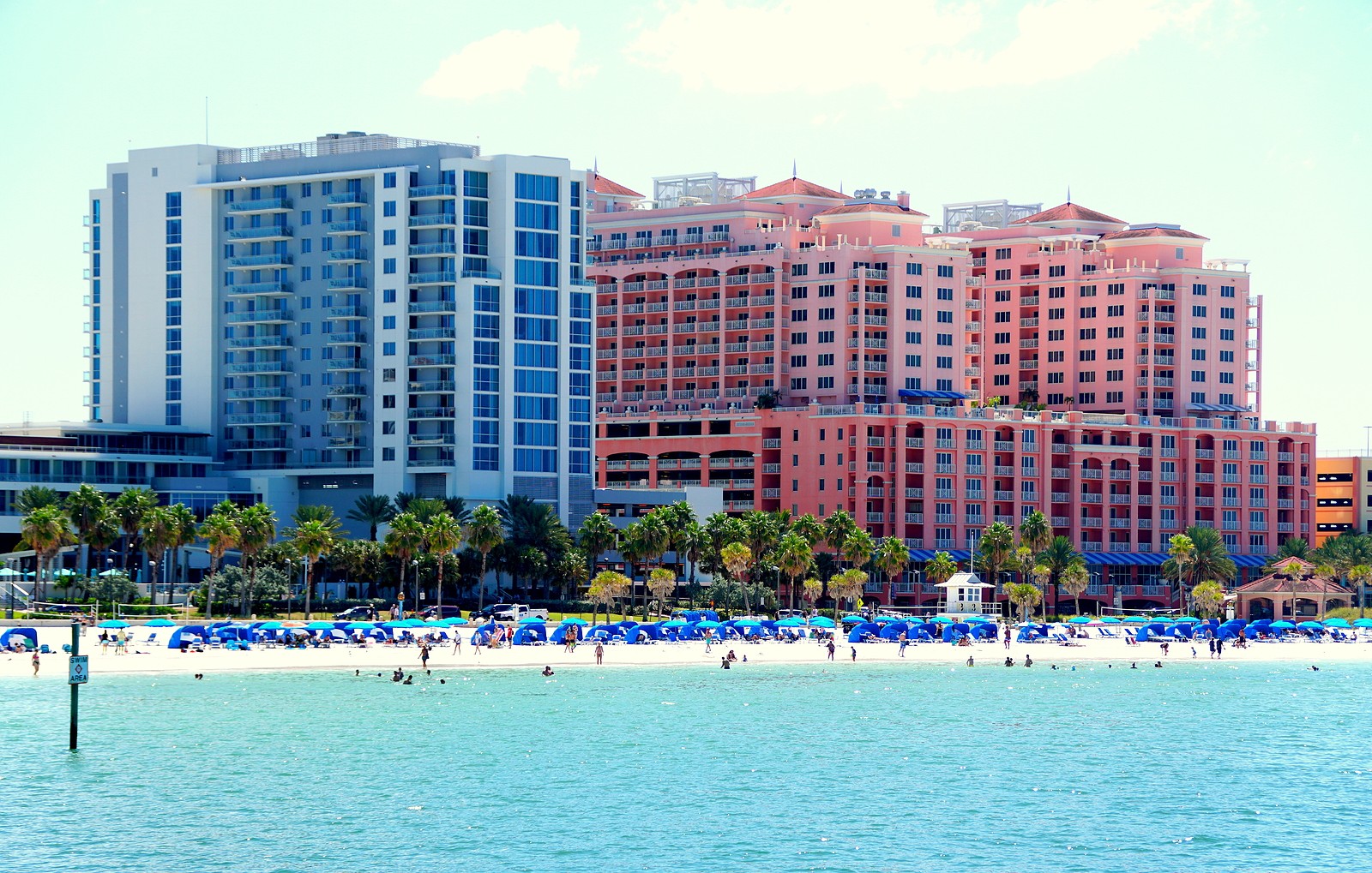 View of Clearwater, Florida, beach and resorts from water.