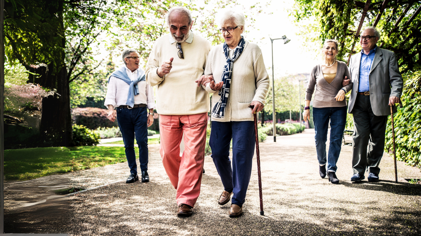Group of senior couples on walk in outdoor park